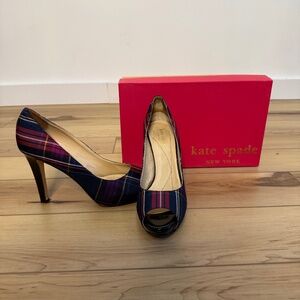 Kate Spade Plaid Peep Toe Heels - Navy and Red